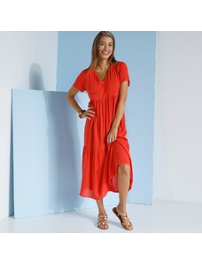Blancheporte Jednobarevné šaty s výstřihem do "V" koralová 36