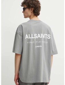Bavlněné tričko AllSaints UNDERGROUND SS CREW šedá barva, s potiskem