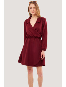 armonika Women's Burgundy Double Breasted Collar Elastic Shirt Collar Wrap Dress