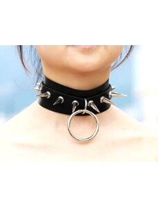 Camerazar Punkový kožený náhrdelník s hroty a kovovým kroužkem, černý, 32-40 cm