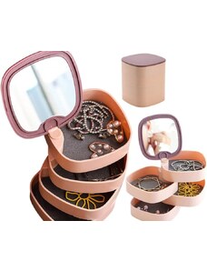 Camerazar Kulatá šperkovnice s organizérem a zrcadlem, lososová barva, plast, průměr 12,5 cm