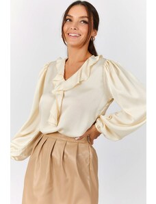 armonika Women's Cream Cotton Satin Blouse with Frilled Collar on the Shoulders and Elasticated Sleeves