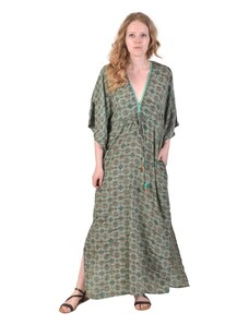Dlouhé šaty s krátkým rukávem a kapsami, zeleno-hnědé s drobným potiskem FREE , Zelená , Indie , 100% polyester