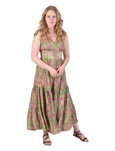 Dlouhé šaty na ramínka s volánem a kapsami, zeleno-růžové s paisley potiskem FREE , Zelená , Indie , 100% polyester