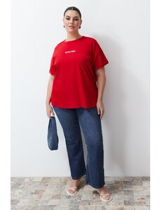 Trendyol Curve Red Slogan Printed Oversize Knitted T-shirt