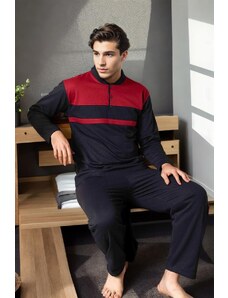 J4443 Dewberry Mens Buttoned Long Sleeve Pyjama Set-NAVY