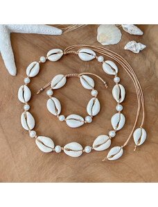 Estemia Sada náhrdelníku a náramku z mušlí kauri a říčních perel