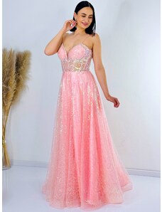 Webmoda Dámské dlouhé luxusní růžové společenské šaty s flitry