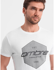 Ombre Clothing Pánské bavlněné tričko s geometrickým potiskem a logem - bílé V1 OM-TSPT-0141