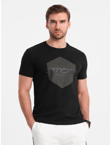 Ombre Clothing Pánské bavlněné tričko s geometrickým potiskem a logem - černé V2 OM-TSPT-0141