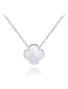 MINET Stříbrný náhrdelník čtyřlístek s bílou perletí