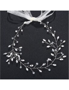 Ručně vyrobená svatební čelenka s křišťálovou a perleťovou kompozicí, univerzální velikost, délka 35 cm, šířka 3,5 cm