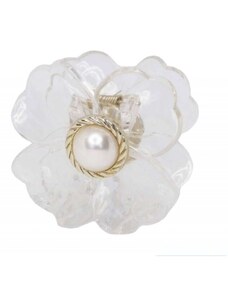 Velká spona do vlasů s květinou a zlatou perlou, transparentní, 6,5 x 6,5 cm, bez niklu a chromu