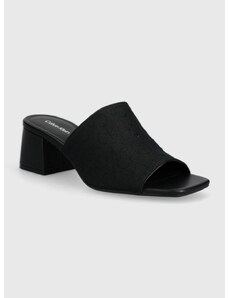 Pantofle Calvin Klein HEEL MULE 45 MONOCQ dámské, černá barva, na podpatku, HW0HW01936