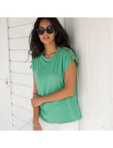 Blancheporte Jednobarevné tričko s knoflíky na ramenou zelená 34/36