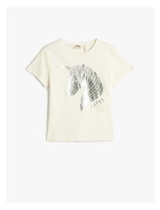 Koton Unicorn T-Shirt with a Shiny Print Short Sleeve Crew Neck Cotton