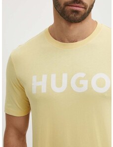 Bavlněné tričko HUGO žlutá barva, s potiskem, 50467556