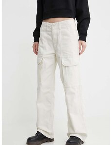 Bavlněné kalhoty Vans béžová barva, široké, high waist