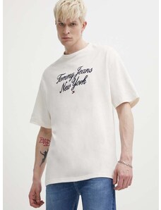 Bavlněné tričko Tommy Jeans béžová barva, s aplikací, DM0DM18579