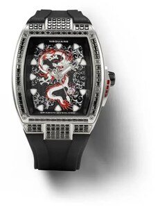 Nsquare Watches Stříbrné pánské hodinky Nsquare s gumovým páskem Dragon Overloed Silver / Black 44MM Automatic