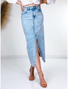 Webmoda Dámská midi světle modrá džínová sukně s rozparkem