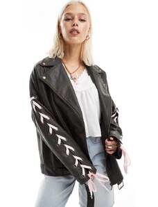 Labelrail x Daisy Birchall ribbon sleeve distressed faux leather jacket in washed black