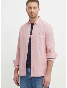 Bavlněná košile Tommy Hilfiger růžová barva, slim, s límečkem button-down