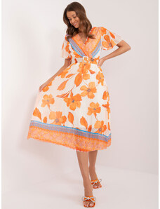 ITALY MODA Smetanově - oranžové květované midi šaty s páskem -orange Květinový vzor