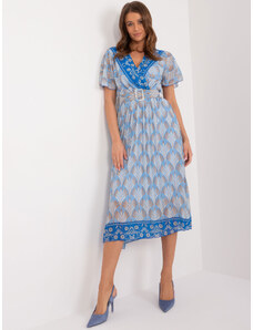 ITALY MODA Modré vzorované midi šaty s páskem --blue Vzory