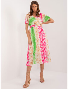 ITALY MODA Zeleno-růžové vzdušné midi šaty s páskem -dar pink Barevná