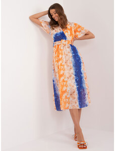 ITALY MODA Oranžovo-modré vzdušné midi šaty s páskem -pomarańczowy Barevná