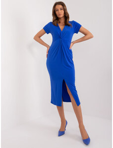 ITALY MODA Modré vypasované šaty s rozparkem --kobaltowy Modrá