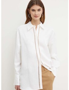 Košile s příměsí lnu BOSS bílá barva, relaxed, s klasickým límcem