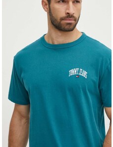 Bavlněné tričko Tommy Jeans zelená barva, s aplikací, DM0DM18665