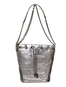 Karl Lagerfeld dámská kožená kabelka Bucked bag mini s logem stříbrná