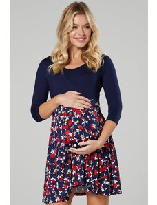 Happy Mama Květinové těhotenské a kojící mini šaty modré s růžičkami