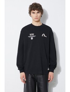 Bavlněné tričko s dlouhým rukávem Evisu Seagull + Kamon & Wave Print LS Tee černá barva, s potiskem, 2ESHTM4TL7063