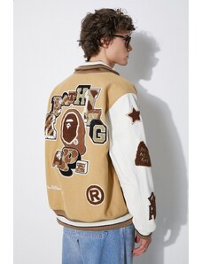 Vlněná bomber bunda A Bathing Ape Bape Multi Motif Varsity béžová barva, přechodná, 1J80141001