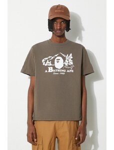 Bavlněné tričko A Bathing Ape Bape Camp Tee hnědá barva, s potiskem, 1J80110046