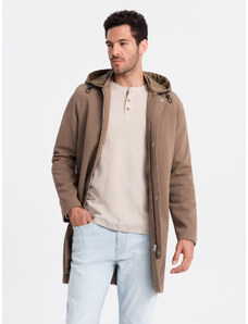 Ombre Clothing Pánský kabát s kapucí a jemným pruhem - káva V1 OM-COSC-0112