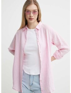 Lněná košile Superdry růžová barva, regular, s klasickým límcem