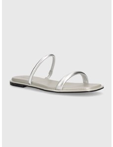 Kožené pantofle Calvin Klein FLAT SLIDE MET dámské, stříbrná barva, HW0HW02128