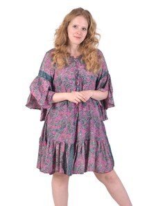 Krátké šaty s dlouhými volánovými rukávy, fialovo-modré s paisley potiskem FREE , Fialová , Indie , 100% polyester