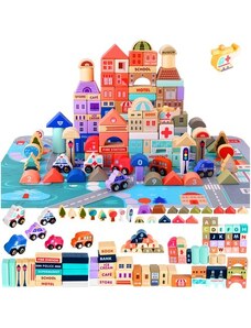 Kruzzel Dřevěné kostky pro stavbu města, 115 bloků, barevné prvky, odolný materiál