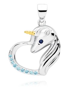 Stříbrný (925) přívěsek srdce - jednorožec s rubínovými zirkony a safírovým okem - Aquamarine