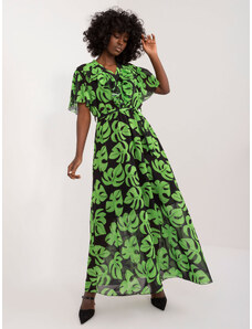 ITALY MODA Černo-zelené vzorované maxi šaty s páskem -black-green Vzory