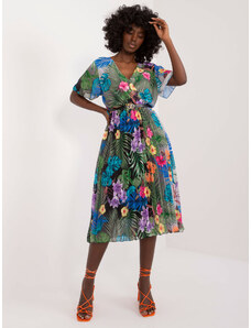 ITALY MODA Barevné květované midi šaty s páskem -mix color Květinový vzor