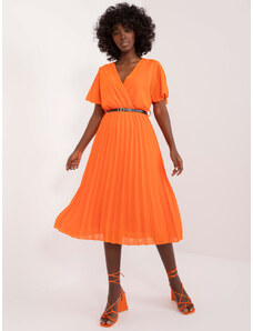 ITALY MODA Oranžové plisované midi šaty s páskem --pomarańczowy Oranžová