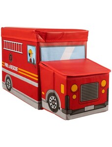 Kruzzel Hasičský kufr na hračky s pufou, červený, MDF deska potažená oxfordkou + netkaná textilie, 53 x 26 x 31,5 cm