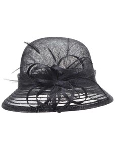 SEEBERGER Cloche černý slavnostní klobouk s ozdobou - ze sisálové slámy